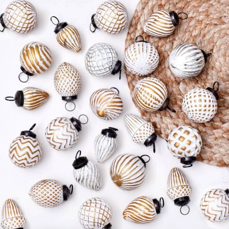 Set of 12 Glass White and Brown Christmas Hanging For Tree Decoration